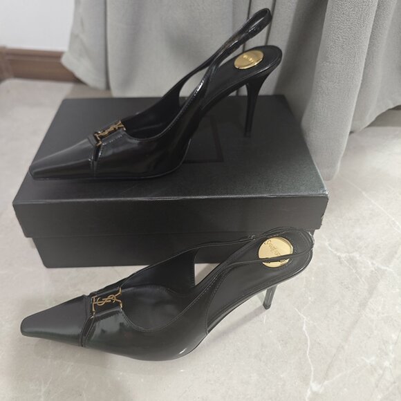 Black Pointed-Toe Pumps With Saint Laurent Logo - Picture 1 of 6